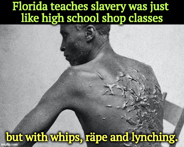 And chains. Don't forget the chains. | Florida teaches slavery was just 
like high school shop classes; but with whips, räpe and lynching. | image tagged in florida teaches slavery was highschool shop with whips lynching,florida,disgusting,liars,slavery,skills | made w/ Imgflip meme maker