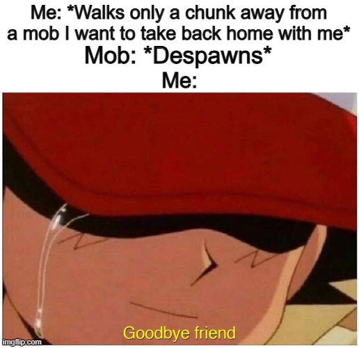 It sucks when this happens :( | Me: *Walks only a chunk away from a mob I want to take back home with me*; Mob: *Despawns*; Me: | image tagged in ash says goodbye friend | made w/ Imgflip meme maker