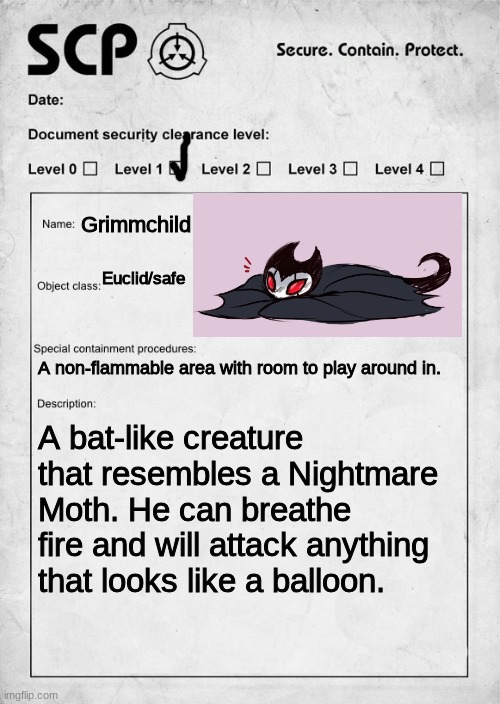 You are required to interview/study his behaviors, Wdyd? Character is owned by Team Cherry | Grimmchild; Euclid/safe; A non-flammable area with room to play around in. A bat-like creature that resembles a Nightmare Moth. He can breathe fire and will attack anything that looks like a balloon. | image tagged in scp document | made w/ Imgflip meme maker