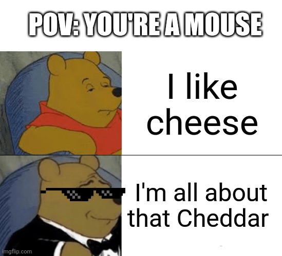 Tuxedo Winnie The Pooh | POV: YOU'RE A MOUSE; I like cheese; I'm all about that Cheddar | image tagged in memes,tuxedo winnie the pooh | made w/ Imgflip meme maker