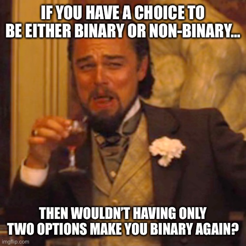 Binary again | IF YOU HAVE A CHOICE TO BE EITHER BINARY OR NON-BINARY…; THEN WOULDN’T HAVING ONLY TWO OPTIONS MAKE YOU BINARY AGAIN? | image tagged in memes,laughing leo | made w/ Imgflip meme maker