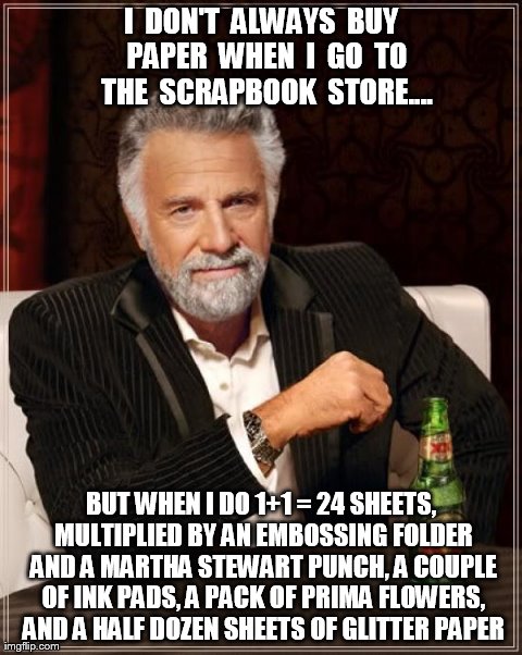 The Most Interesting Man In The World | I  DON'T  ALWAYS  BUY  PAPER  WHEN  I  GO  TO  THE  SCRAPBOOK  STORE.... BUT WHEN I DO 1+1 = 24 SHEETS, MULTIPLIED BY AN EMBOSSING FOLDER AN | image tagged in memes,the most interesting man in the world | made w/ Imgflip meme maker