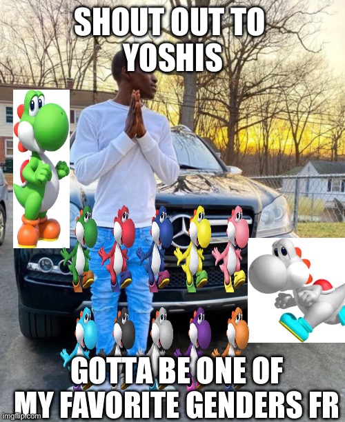 SHOUT OUT TO 

YOSHIS; GOTTA BE ONE OF MY FAVORITE GENDERS FR | image tagged in funny memes | made w/ Imgflip meme maker