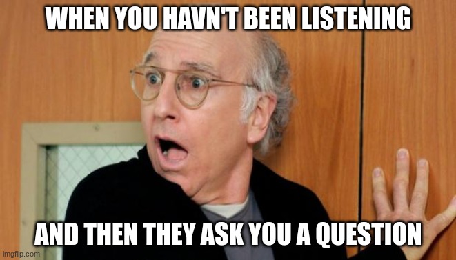 Larry David Shocked | WHEN YOU HAVN'T BEEN LISTENING; AND THEN THEY ASK YOU A QUESTION | image tagged in larry david shocked | made w/ Imgflip meme maker