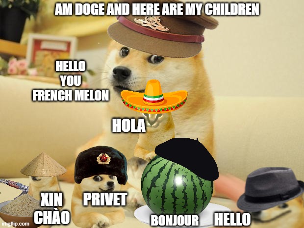 doge and his children | AM DOGE AND HERE ARE MY CHILDREN; HELLO YOU FRENCH MELON; HOLA; PRIVET; XIN CHÀO; BONJOUR; HELLO | image tagged in memes,doge 2 | made w/ Imgflip meme maker