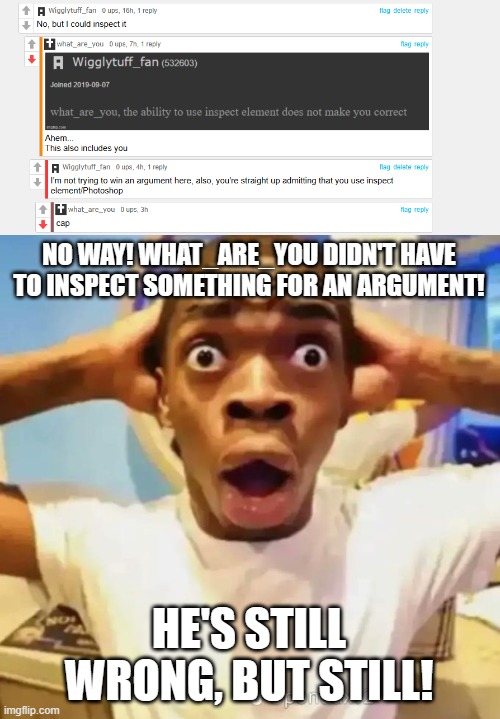 NO WAY! WHAT_ARE_YOU DIDN'T HAVE TO INSPECT SOMETHING FOR AN ARGUMENT! HE'S STILL WRONG, BUT STILL! | image tagged in shocked black guy | made w/ Imgflip meme maker