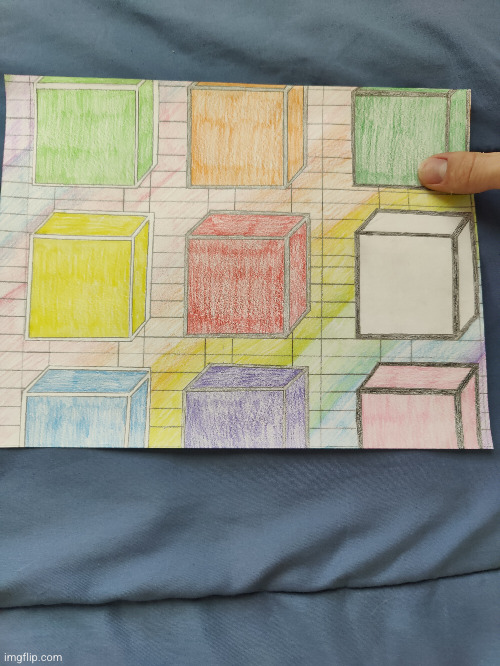 One of my drawings (my finger is covering up my name[#2,369]) | image tagged in drawings,colorful,3d,cubes,colors,effects | made w/ Imgflip meme maker