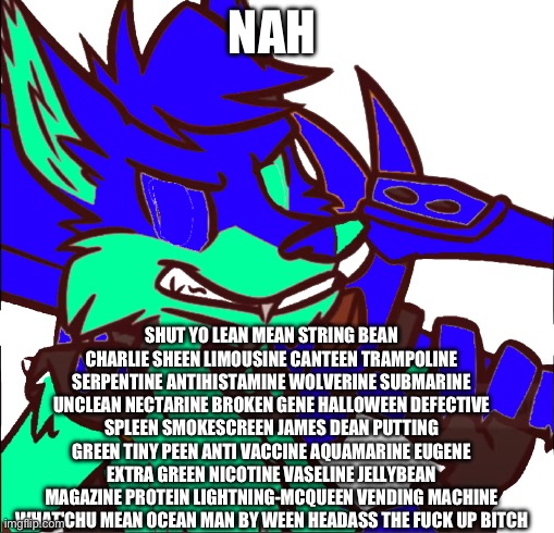 NAH SHUT YO LEAN MEAN STRING BEAN CHARLIE SHEEN LIMOUSINE CANTEEN TRAMPOLINE SERPENTINE ANTIHISTAMINE WOLVERINE SUBMARINE UNCLEAN NECTARINE  | made w/ Imgflip meme maker