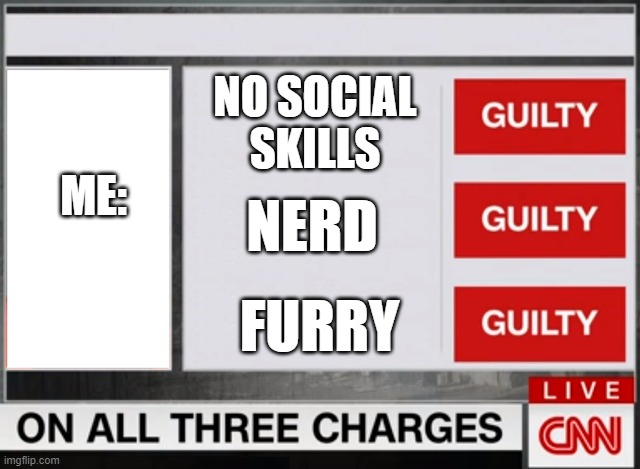Guilty Guilty Guilty On All Three Charges | ME: NO SOCIAL SKILLS NERD FURRY | image tagged in guilty guilty guilty on all three charges | made w/ Imgflip meme maker