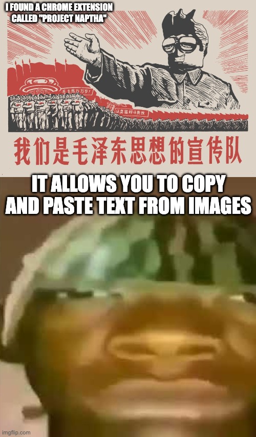 try it | I FOUND A CHROME EXTENSION CALLED "PROJECT NAPTHA"; IT ALLOWS YOU TO COPY AND PASTE TEXT FROM IMAGES | image tagged in roblox chinese meme,shitpost | made w/ Imgflip meme maker