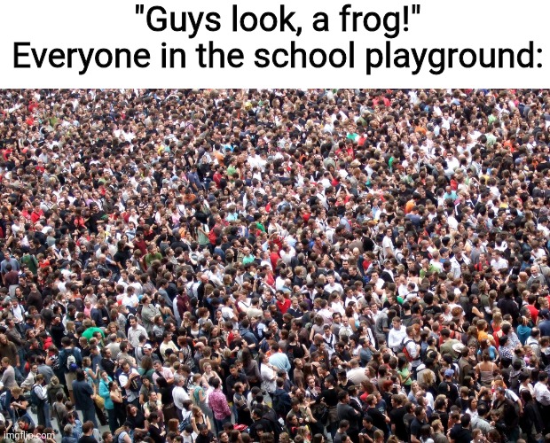 crowd of people | "Guys look, a frog!"
Everyone in the school playground: | image tagged in crowd of people | made w/ Imgflip meme maker