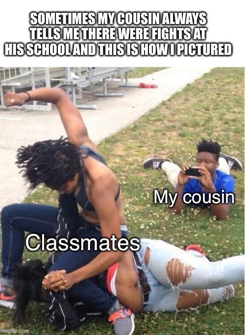 this is true | SOMETIMES MY COUSIN ALWAYS TELLS ME THERE WERE FIGHTS AT HIS SCHOOL AND THIS IS HOW I PICTURED; My cousin; Classmates | image tagged in guy recording a fight,high school | made w/ Imgflip meme maker