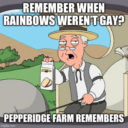 Pepperidge Farm Remembers Meme | REMEMBER WHEN RAINBOWS WEREN’T GAY? PEPPERIDGE FARM REMEMBERS | image tagged in memes,pepperidge farm remembers,rainbow,funny memes,relatable,goofy ahh | made w/ Imgflip meme maker