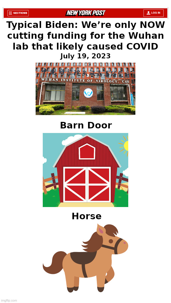 We're Only NOW Cutting Funding For The Wuhan Coronavirus Lab | image tagged in joe biden,dr fauci,covid,pandemic,barn door,horse | made w/ Imgflip meme maker