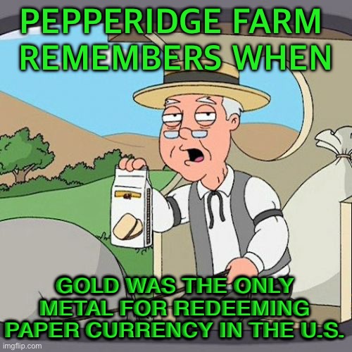 The gold standard was the basis for the international monetary system | PEPPERIDGE FARM 
REMEMBERS WHEN; GOLD WAS THE ONLY METAL FOR REDEEMING PAPER CURRENCY​ IN THE U.S. | image tagged in memes,pepperidge farm remembers | made w/ Imgflip meme maker