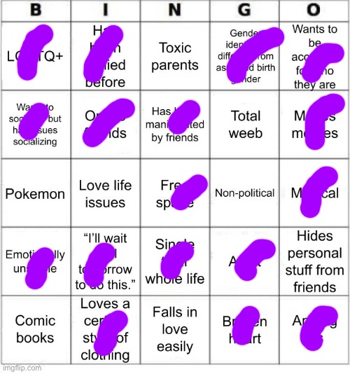 bingo boi (I am aromantic but the broken heart was a really strong platonic relationship that was extremely toxic) | image tagged in thesuitedgayweeb's bingo | made w/ Imgflip meme maker