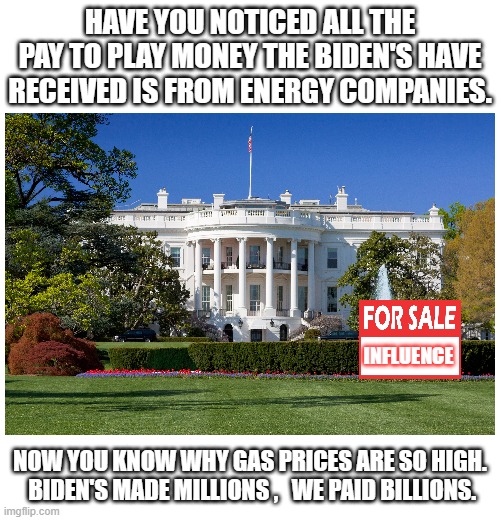 The Biden Whitehouse | HAVE YOU NOTICED ALL THE PAY TO PLAY MONEY THE BIDEN'S HAVE RECEIVED IS FROM ENERGY COMPANIES. INFLUENCE; NOW YOU KNOW WHY GAS PRICES ARE SO HIGH.
 BIDEN'S MADE MILLIONS ,   WE PAID BILLIONS. | image tagged in memes,bidens,influence peddling | made w/ Imgflip meme maker