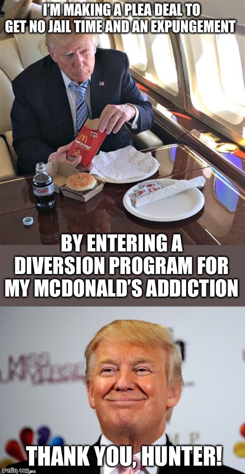 Two can play that game! | I’M MAKING A PLEA DEAL TO GET NO JAIL TIME AND AN EXPUNGEMENT; BY ENTERING A DIVERSION PROGRAM FOR MY MCDONALD’S ADDICTION; THANK YOU, HUNTER! | image tagged in donald trump approves,plea deal,diversion,hunter | made w/ Imgflip meme maker