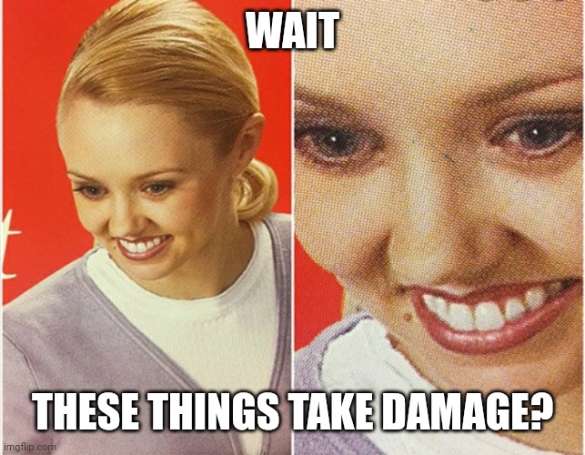 WAIT WHAT? | WAIT THESE THINGS TAKE DAMAGE? | image tagged in wait what | made w/ Imgflip meme maker