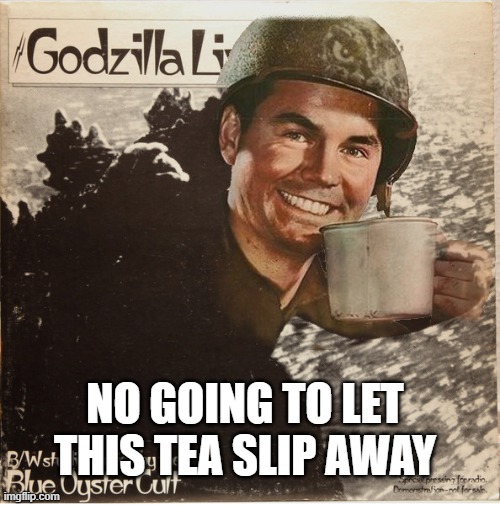 get becasue it's a slipknot's left behind refance | NO GOING TO LET THIS TEA SLIP AWAY | image tagged in go go go godzilla coffee old time army marine soldier | made w/ Imgflip meme maker