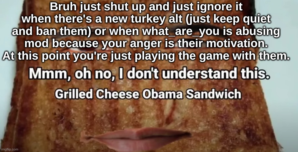 Grilled cheese Obama sandwich | Bruh just shut up and just ignore it when there's a new turkey alt (just keep quiet and ban them) or when what_are_you is abusing mod because your anger is their motivation. At this point you're just playing the game with them. | image tagged in grilled cheese obama sandwich | made w/ Imgflip meme maker