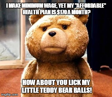 TED Meme | I MAKE MINIMUM WAGE, YET MY "AFFORDABLE" HEALTH PLAN IS $170 A MONTH? HOW ABOUT YOU LICK MY LITTLE TEDDY BEAR BALLS! | image tagged in memes,ted | made w/ Imgflip meme maker