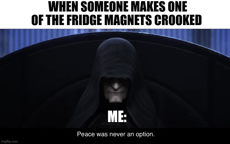 Crooked magnets | WHEN SOMEONE MAKES ONE OF THE FRIDGE MAGNETS CROOKED; ME: | image tagged in palpatine peace was never an option | made w/ Imgflip meme maker