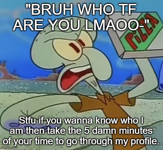 squidward mad | "BRUH WHO TF ARE YOU LMAOO-" Stfu if you wanna know who I am then take the 5 damn minutes of your time to go through my profile. | image tagged in squidward mad | made w/ Imgflip meme maker
