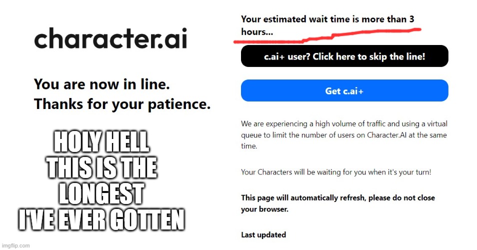 JESUS, WHAT DID I MISS!? | HOLY HELL THIS IS THE LONGEST I'VE EVER GOTTEN | image tagged in funny,wait time,characterai | made w/ Imgflip meme maker
