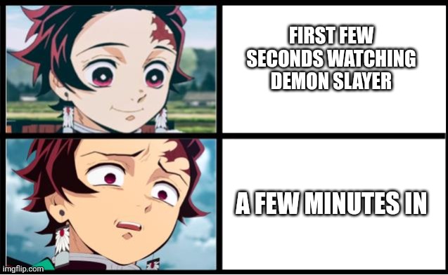 Tanjiro approval | FIRST FEW SECONDS WATCHING DEMON SLAYER; A FEW MINUTES IN | image tagged in tanjiro approval | made w/ Imgflip meme maker