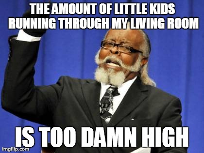 Sometimes I Hate Family Get Togethers...  | THE AMOUNT OF LITTLE KIDS RUNNING THROUGH MY LIVING ROOM IS TOO DAMN HIGH | image tagged in memes,too damn high | made w/ Imgflip meme maker