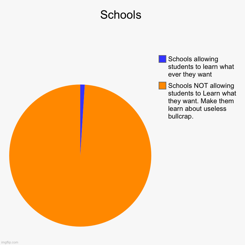 Schools | Schools NOT allowing students to Learn what they want. Make them learn about useless bullcrap., Schools allowing students to learn | image tagged in charts,pie charts | made w/ Imgflip chart maker