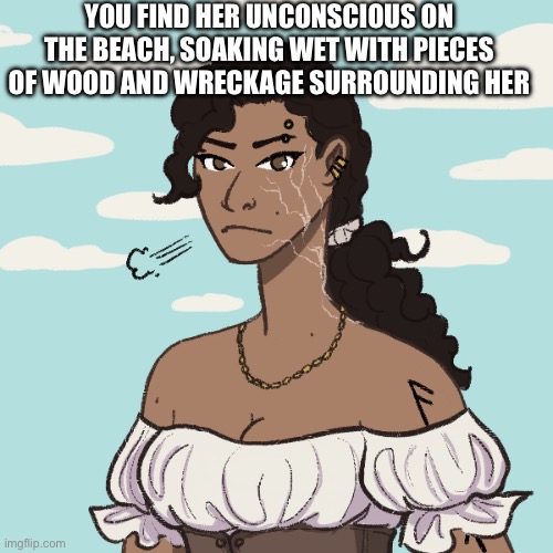 Rules in tags | YOU FIND HER UNCONSCIOUS ON THE BEACH, SOAKING WET WITH PIECES OF WOOD AND WRECKAGE SURROUNDING HER | image tagged in takes place in 1600s,girl ocs preferred,memchat if erp,no joke,no bambi,no killing her | made w/ Imgflip meme maker