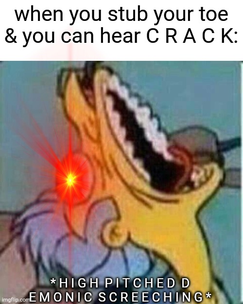 P a i n | when you stub your toe & you can hear C R A C K:; * H I G H  P I T C H E D  D E M O N I C  S C R E E C H I N G * | image tagged in when you stub your toe | made w/ Imgflip meme maker