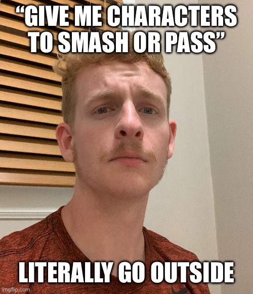 “GIVE ME CHARACTERS TO SMASH OR PASS”; LITERALLY GO OUTSIDE | made w/ Imgflip meme maker