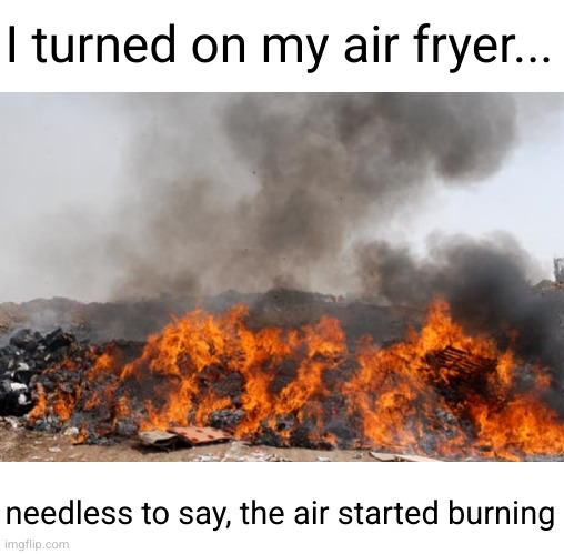 Meme #2,657 | I turned on my air fryer... needless to say, the air started burning | image tagged in memes,air,fry,jokes,burning | made w/ Imgflip meme maker
