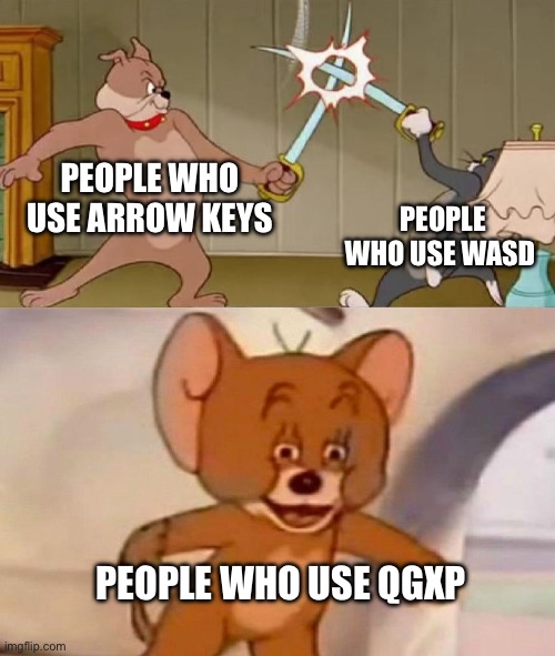 Tom and Jerry swordfight | PEOPLE WHO USE ARROW KEYS; PEOPLE WHO USE WASD; PEOPLE WHO USE QGXP | image tagged in tom and jerry swordfight | made w/ Imgflip meme maker