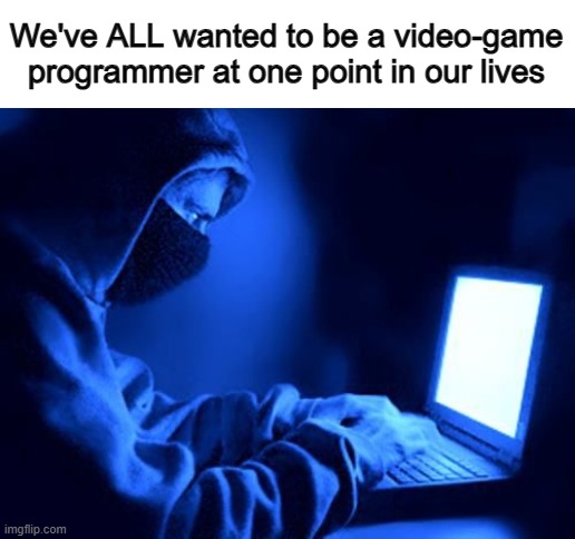 I still want to be one... I love being on the computer anyway :D | We've ALL wanted to be a video-game programmer at one point in our lives | image tagged in hacker | made w/ Imgflip meme maker