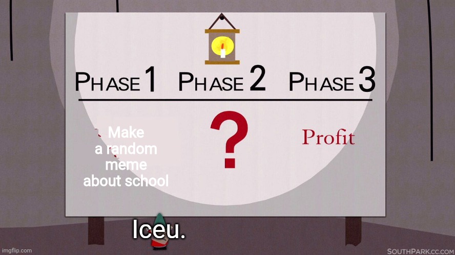 Iceu in a nutshell | Make a random meme about school; Iceu. | image tagged in south park underpants gnomes,memes,iceu,school,imgflip,so true | made w/ Imgflip meme maker
