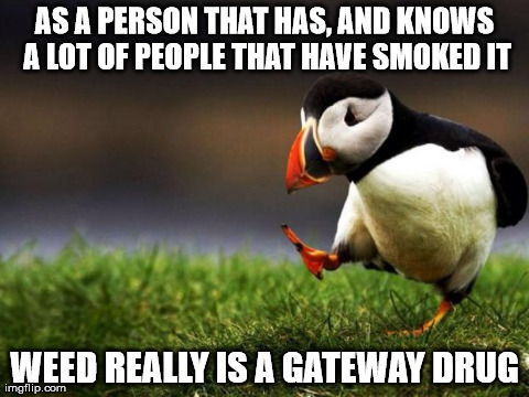 Unpopular Opinion Puffin Meme | AS A PERSON THAT HAS, AND KNOWS A LOT OF PEOPLE THAT HAVE SMOKED IT WEED REALLY IS A GATEWAY DRUG | image tagged in memes,unpopular opinion puffin,AdviceAnimals | made w/ Imgflip meme maker