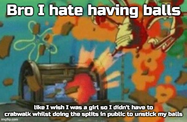 mr crab and squidward die | Bro I hate having balls; like I wish I was a girl so I didn't have to crabwalk whilst doing the splits in public to unstick my balls | image tagged in mr crab and squidward die | made w/ Imgflip meme maker