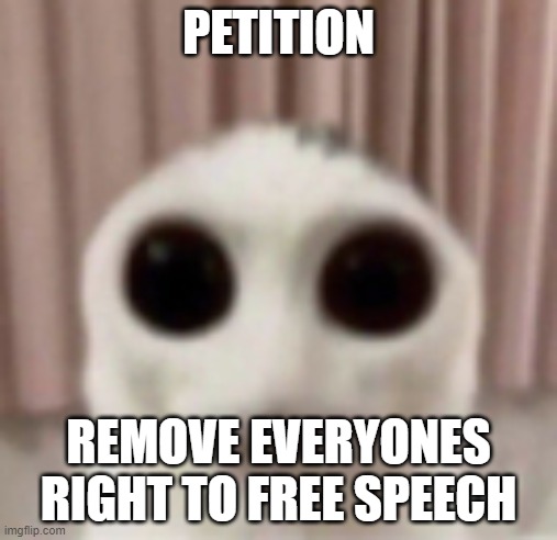 DOYOUFEELTHEWEIGHTOFYOURSINSDOESITHURTDOESGODSJUDGEMENTFILLYOUWI | PETITION; REMOVE EVERYONES RIGHT TO FREE SPEECH | image tagged in doyoufeeltheweightofyoursinsdoesithurtdoesgodsjudgementfillyouwi | made w/ Imgflip meme maker