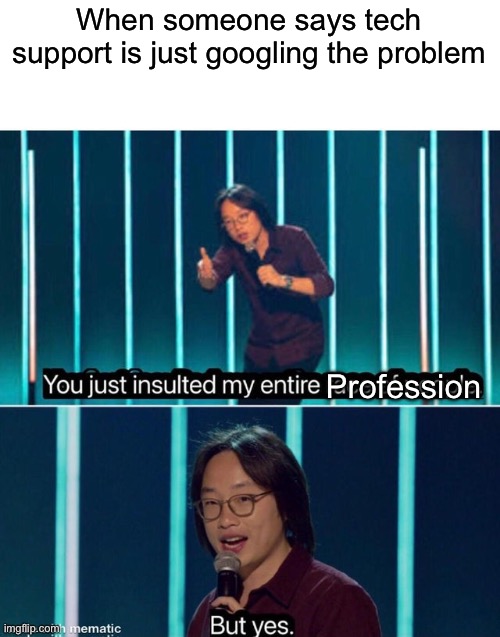 You just insulted my entire race of people | When someone says tech support is just googling the problem; Profession | image tagged in you just insulted my entire race of people | made w/ Imgflip meme maker
