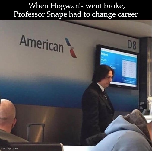 Snape | When Hogwarts went broke, Professor Snape had to change career | image tagged in snape,hogwarts,career,american airlines | made w/ Imgflip meme maker