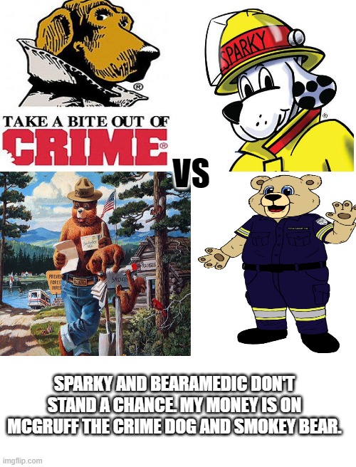 Battle Of The Public Safety Mascots | VS; SPARKY AND BEARAMEDIC DON'T STAND A CHANCE. MY MONEY IS ON MCGRUFF THE CRIME DOG AND SMOKEY BEAR. | image tagged in memes,mcgruff the crime dog,sparky the fire dog,smokey the bear,bearamedic,public safety mascots | made w/ Imgflip meme maker
