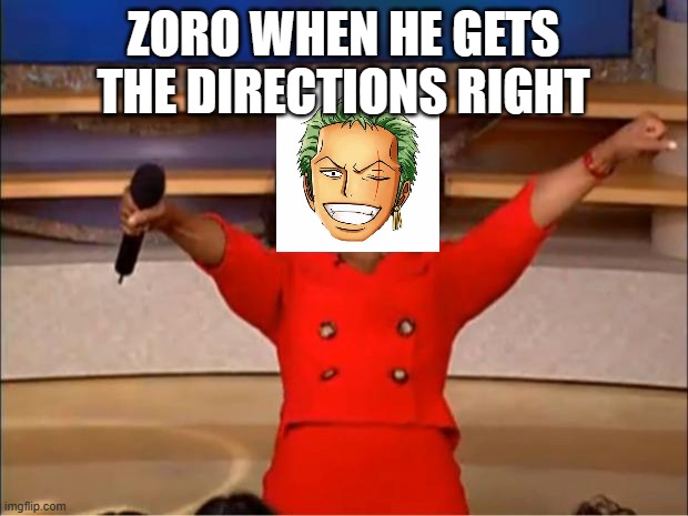 Oh Zoro. | ZORO WHEN HE GETS THE DIRECTIONS RIGHT | image tagged in memes,oprah you get a | made w/ Imgflip meme maker
