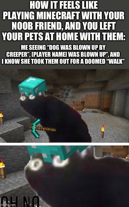 True story | HOW IT FEELS LIKE PLAYING MINECRAFT WITH YOUR NOOB FRIEND, AND YOU LEFT YOUR PETS AT HOME WITH THEM:; ME SEEING “DOG WAS BLOWN UP BY CREEPER”, [PLAYER NAME] WAS BLOWN UP”, AND I KNOW SHE TOOK THEM OUT FOR A DOOMED “WALK” | image tagged in oh no but in minecraft,minecraft,minecraft pets,minecraft noob friend | made w/ Imgflip meme maker