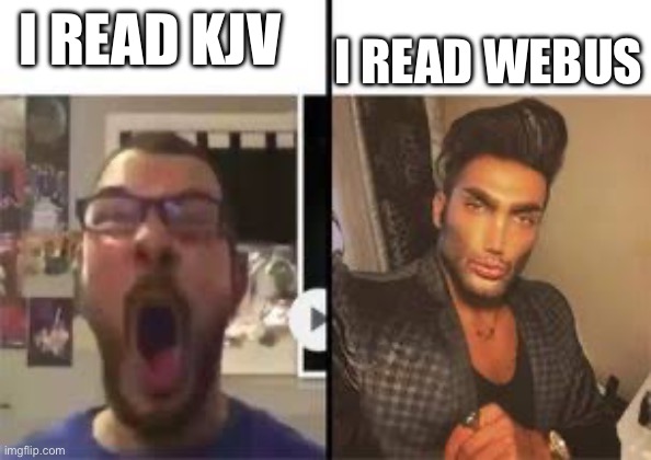 https://bible.com/bible/206/gen.1.1.WEBUS | I READ KJV; I READ WEBUS | image tagged in nerd vs chad | made w/ Imgflip meme maker