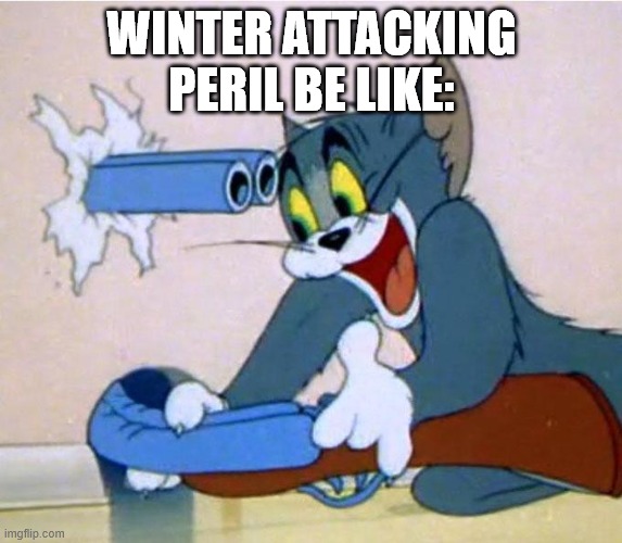 Winter attacking Peril be like: | WINTER ATTACKING PERIL BE LIKE: | image tagged in tom shotgun,wings of fire,wof,dragons,books | made w/ Imgflip meme maker