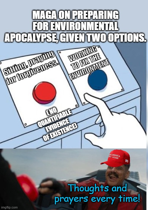Two Buttons Eggman | MAGA ON PREPARING FOR ENVIRONMENTAL APOCALYPSE, GIVEN TWO OPTIONS. WORKING TO FIX THE ENVIRONMENT; Sitting, praying for forgiveness. ( NO QUANTIFIABLE EVIDENCE OF EXISTENCE); Thoughts and prayers every time! | image tagged in two buttons eggman,maga,christians,greta thunberg,liberals | made w/ Imgflip meme maker